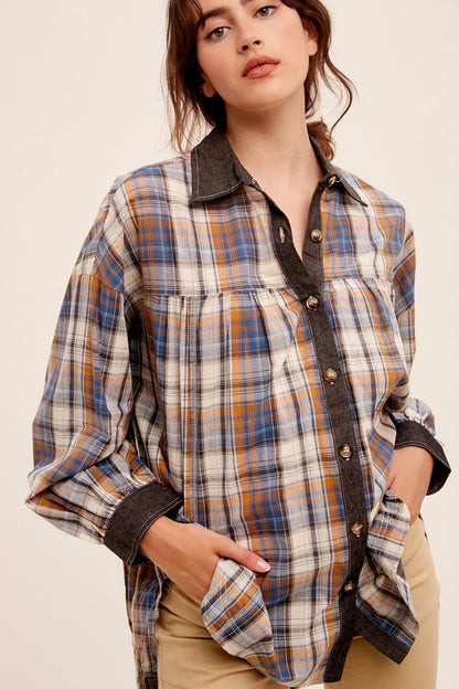 Mixed Plaid Oversized Button-Down Shirt