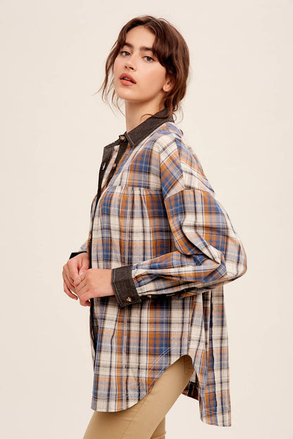 Mixed Plaid Oversized Button-Down Shirt
