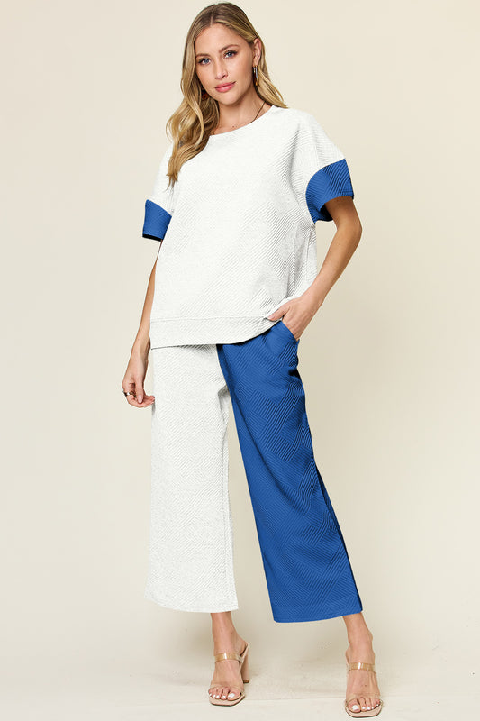 Double Take Texture Contrast Wide Leg Pants Set