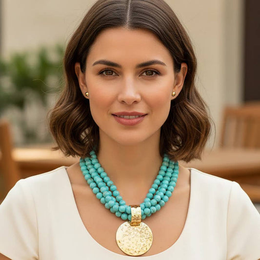 Bold Hammered Disc Plate Pendant Accent Multi Strand Beaded Statement Necklace