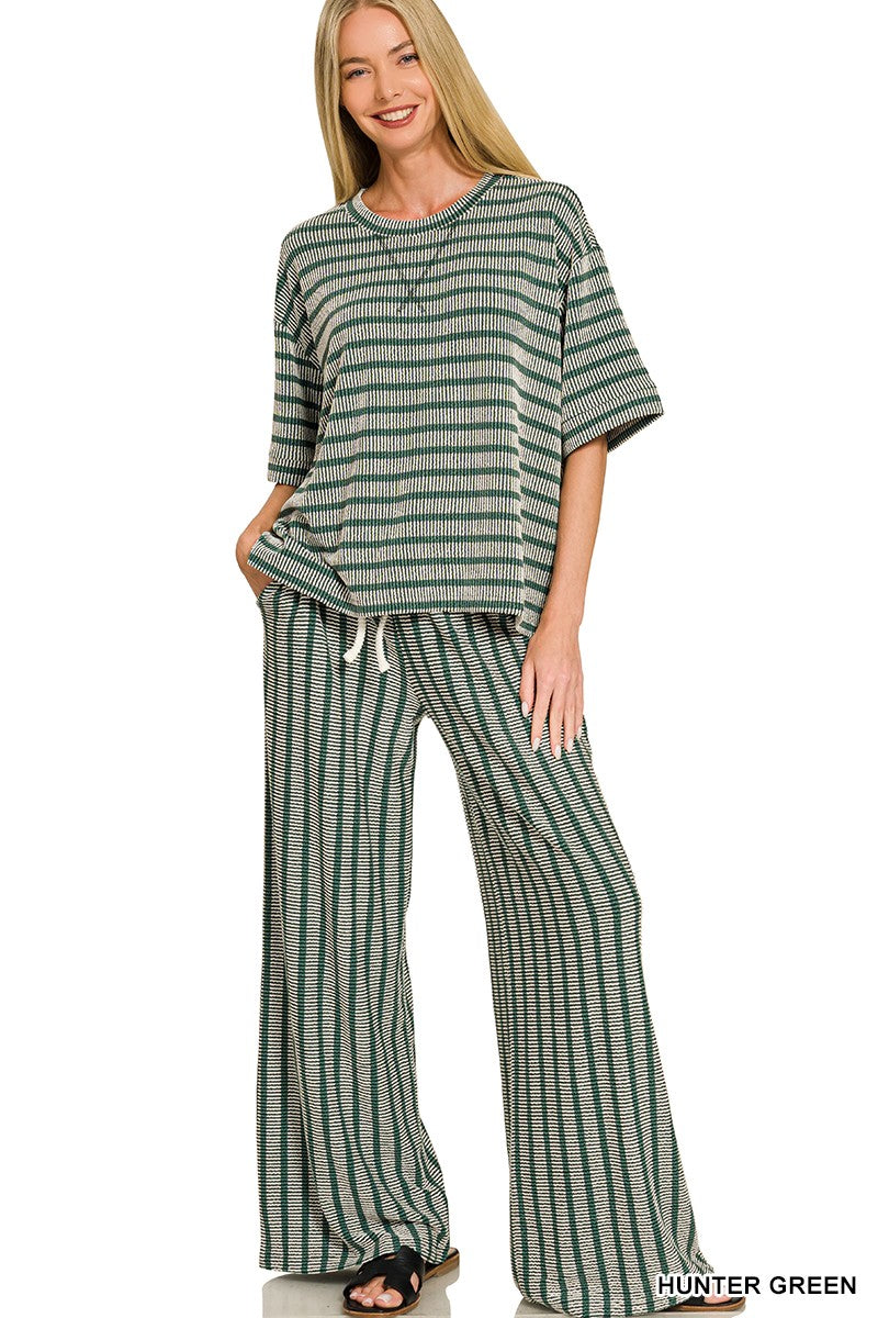 Raised Rib Stripe Short Sleeve Top and Pants Set by Zenana