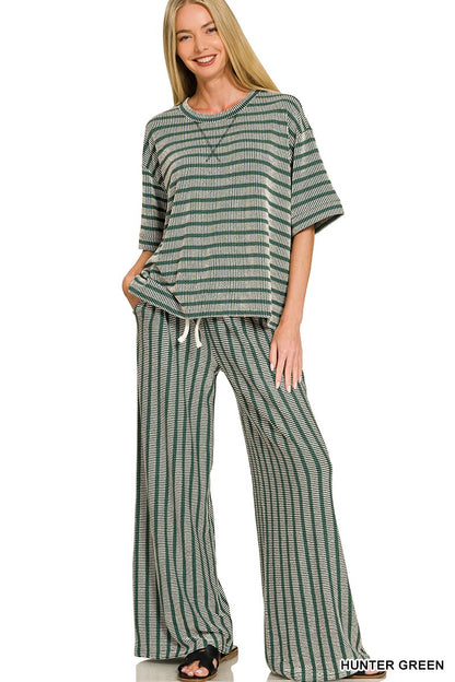 Raised Rib Stripe Short Sleeve Top and Pants Set by Zenana