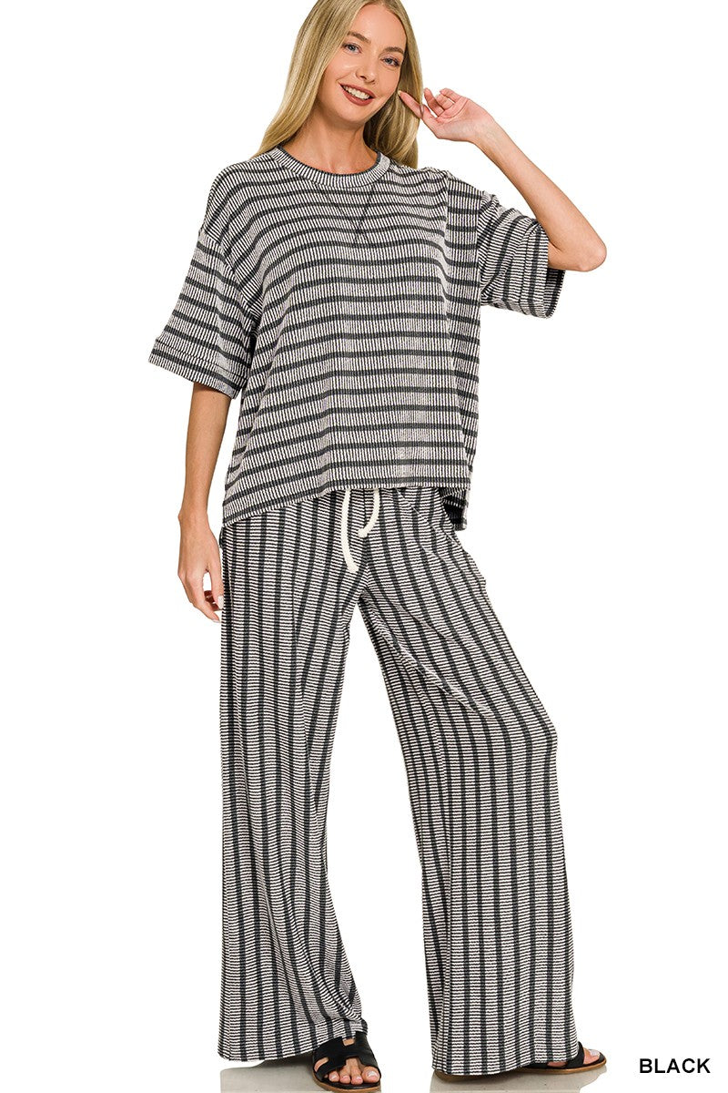Raised Rib Stripe Short Sleeve Top and Pants Set by Zenana