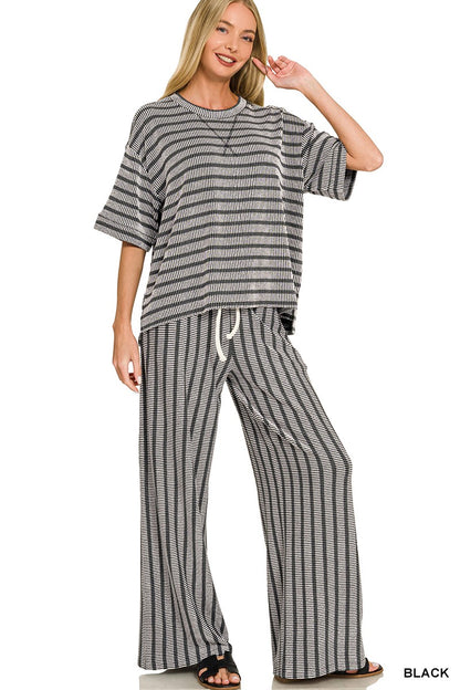 Raised Rib Stripe Short Sleeve Top and Pants Set by Zenana