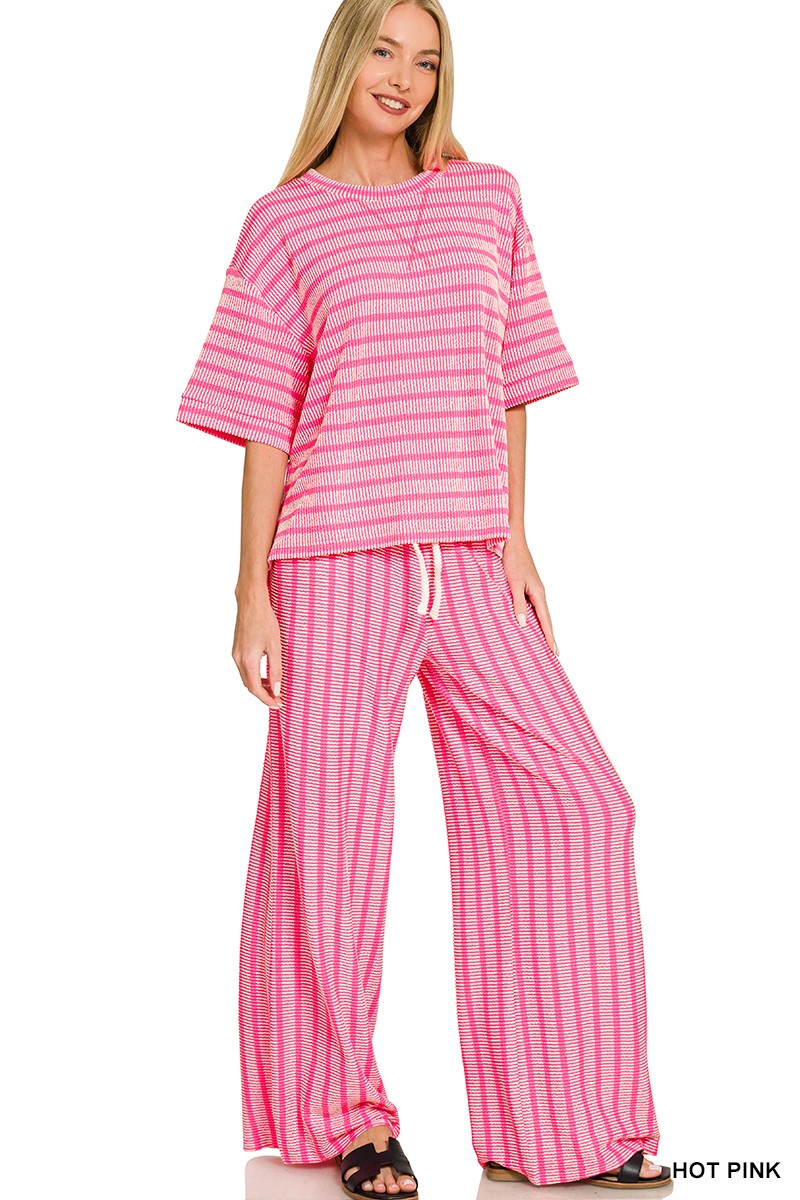 Raised Rib Stripe Short Sleeve Top and Pants Set by Zenana