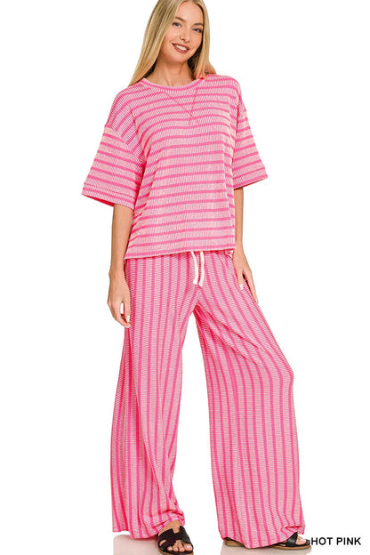 Raised Rib Stripe Short Sleeve Top and Pants Set by Zenana