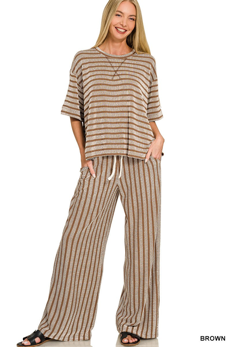 Raised Rib Stripe Short Sleeve Top and Pants Set by Zenana