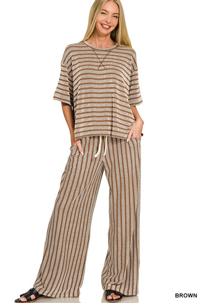 Raised Rib Stripe Short Sleeve Top and Pants Set by Zenana