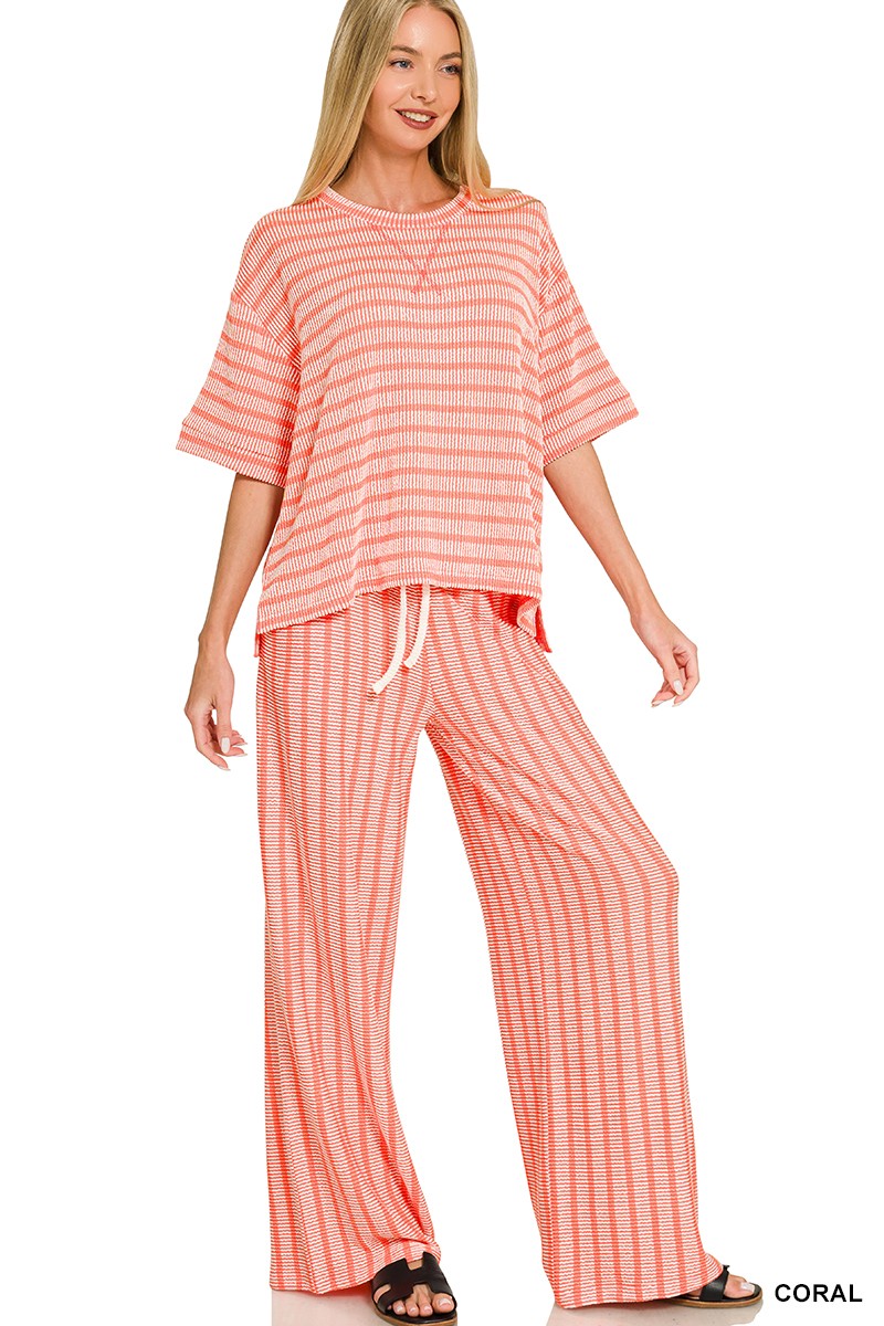 Raised Rib Stripe Short Sleeve Top and Pants Set by Zenana