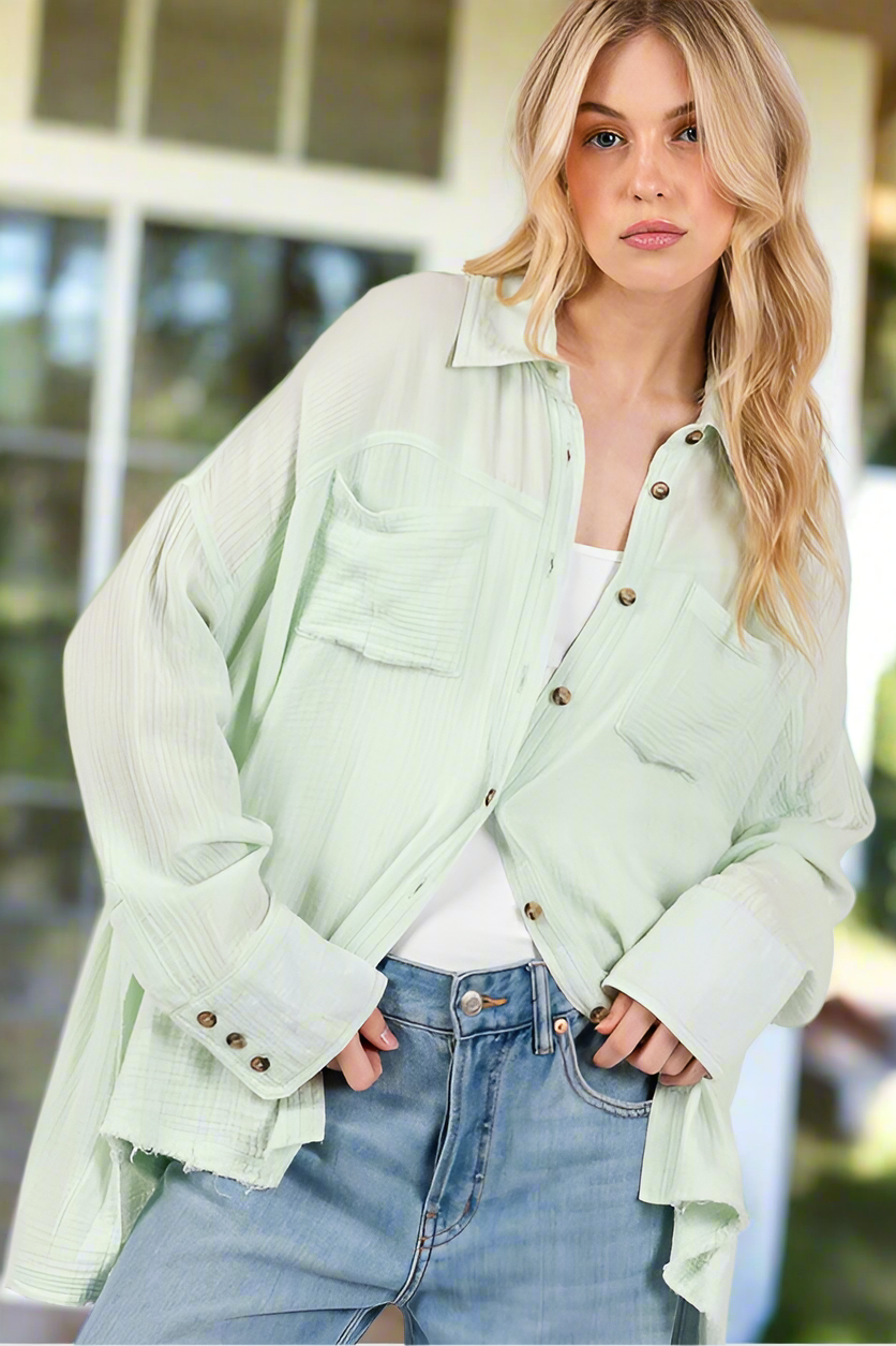 SAGE + FIG Frayed Hem Side Slit Button Down Shirt