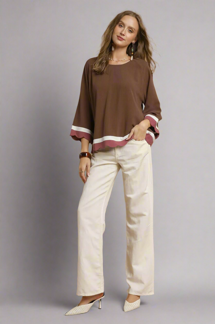 Umgee Scalloped Hem Color Block Top