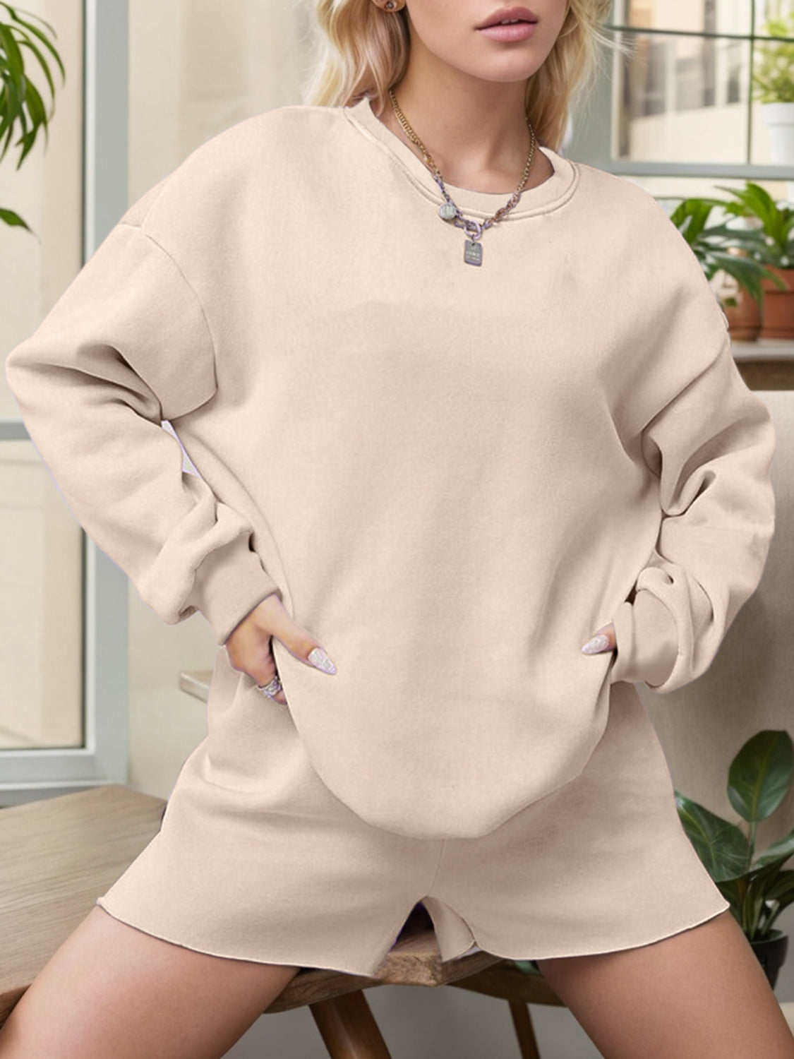 100% Cotton Round Neck Sweatshirt and Shorts Set