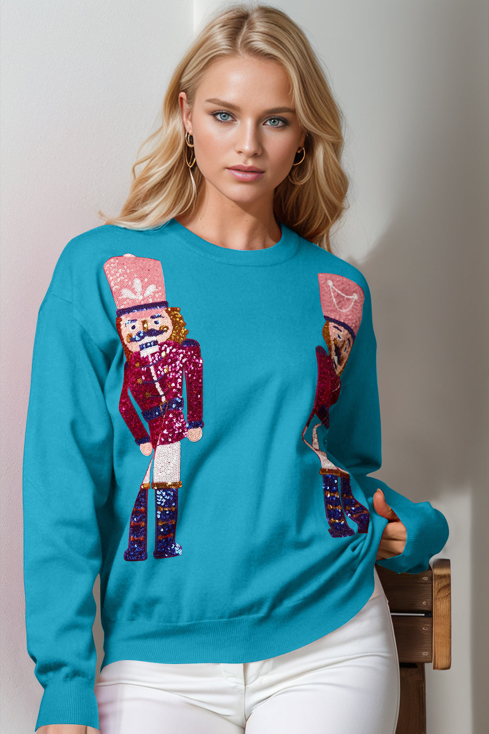 Double Take Nutcracker Sequin Long Sleeve Sweater