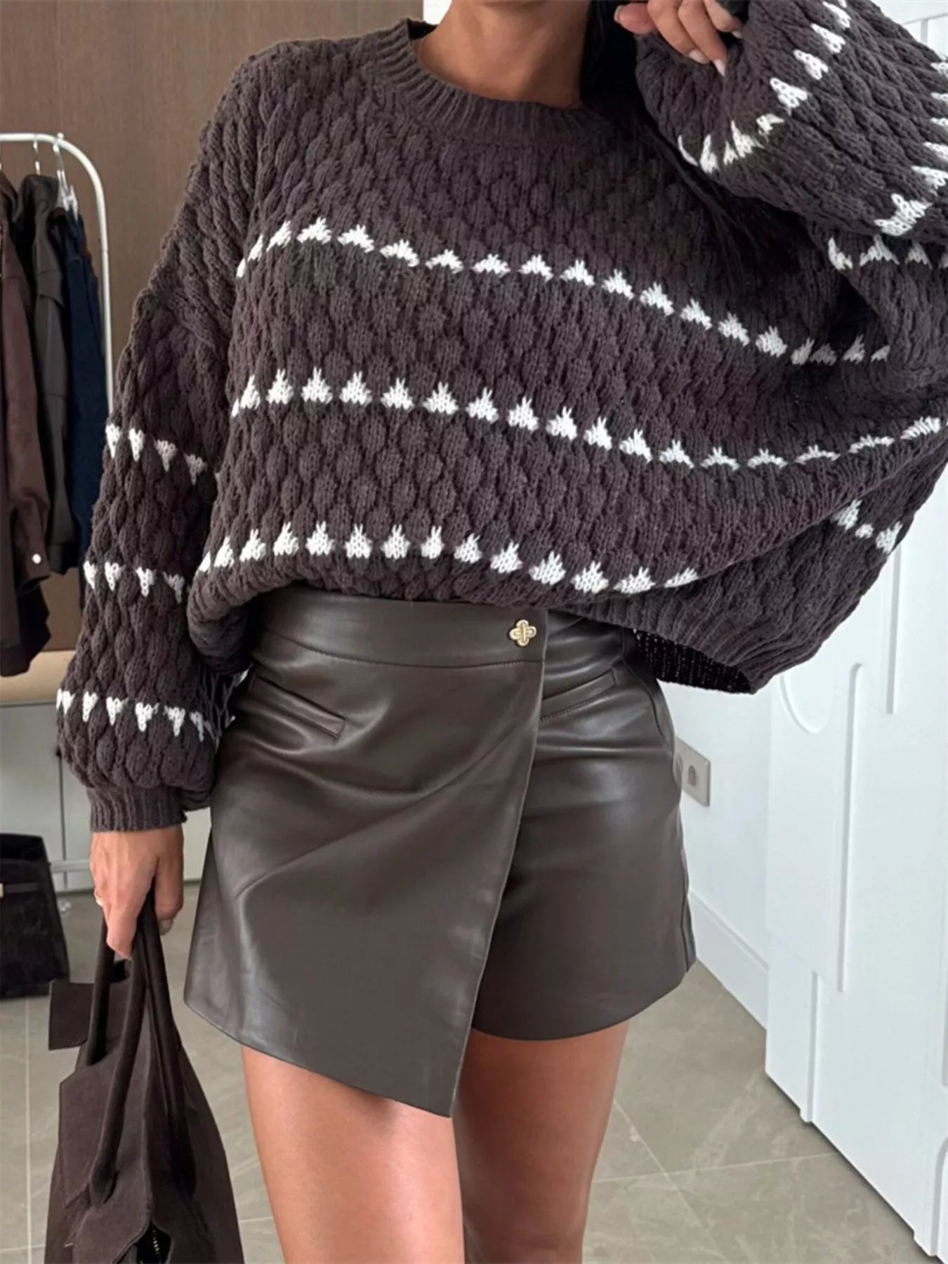 Chunky Knit Striped Sweater with Balloon Sleeves