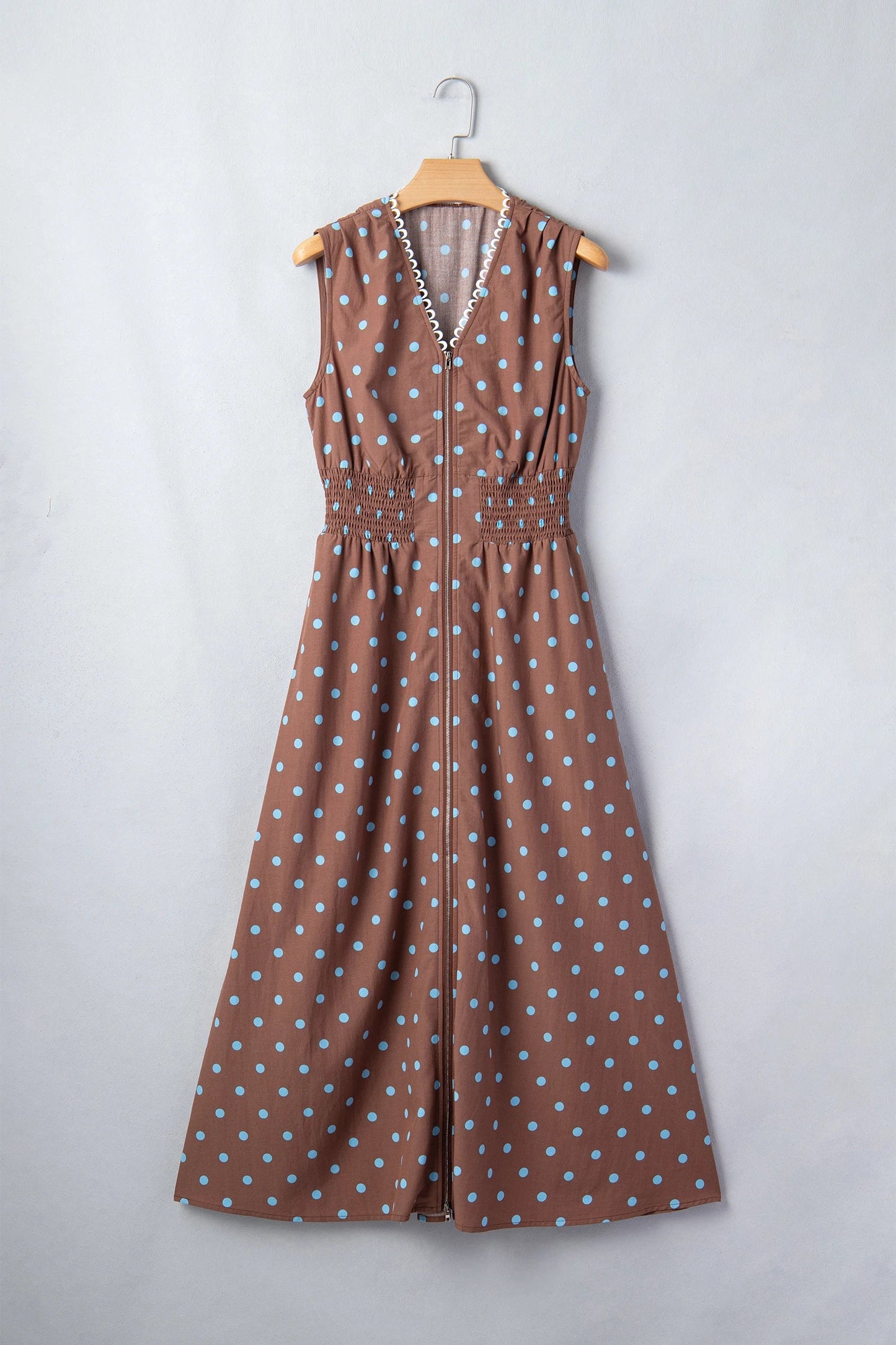 Polka Dot Zip Up V-Neck Sleeveless Dress