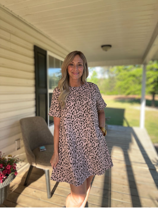 The Blushing Leopard Mini Dress with Pockets