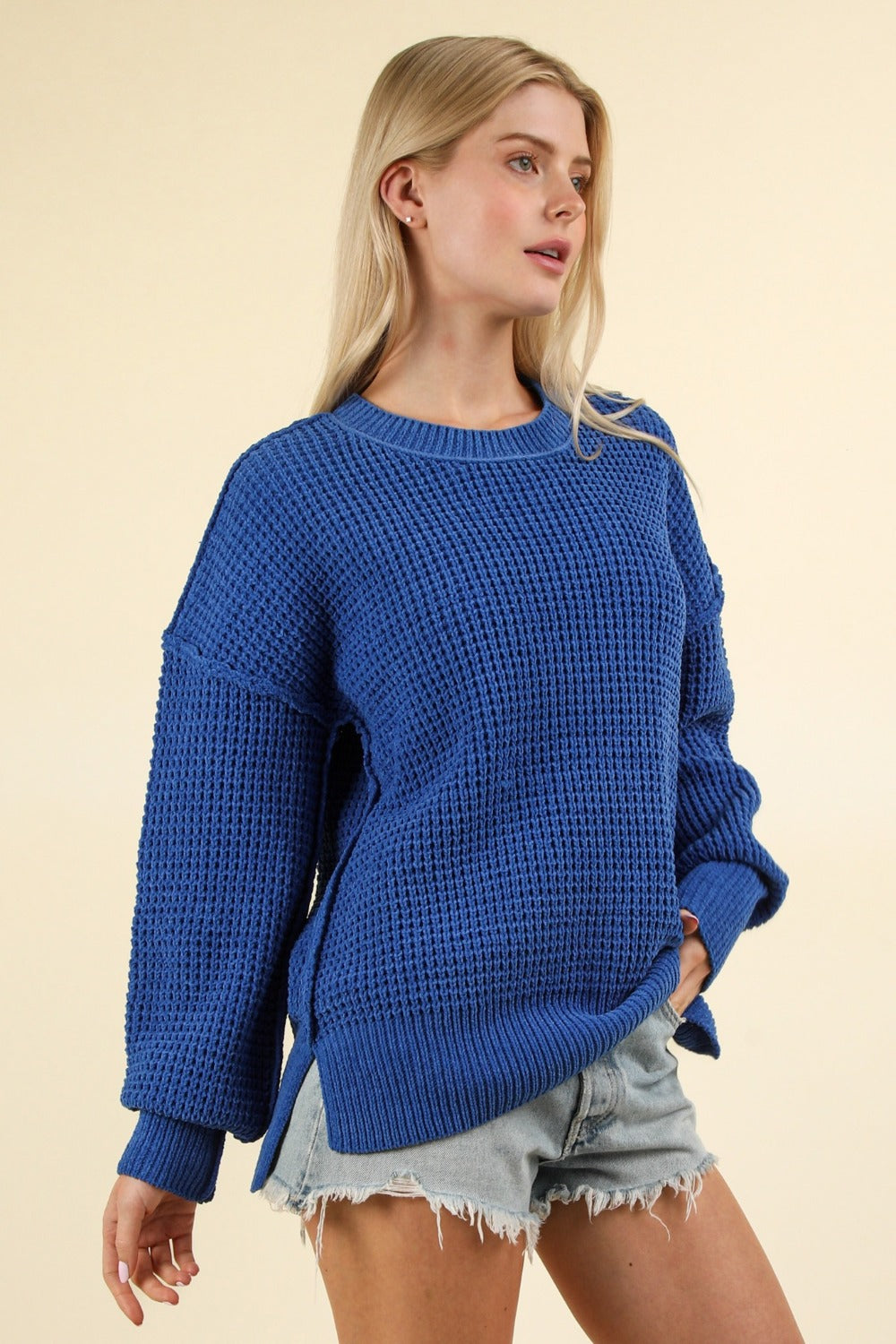 VERY J Waffle-Knit Exposed Seam Sweater