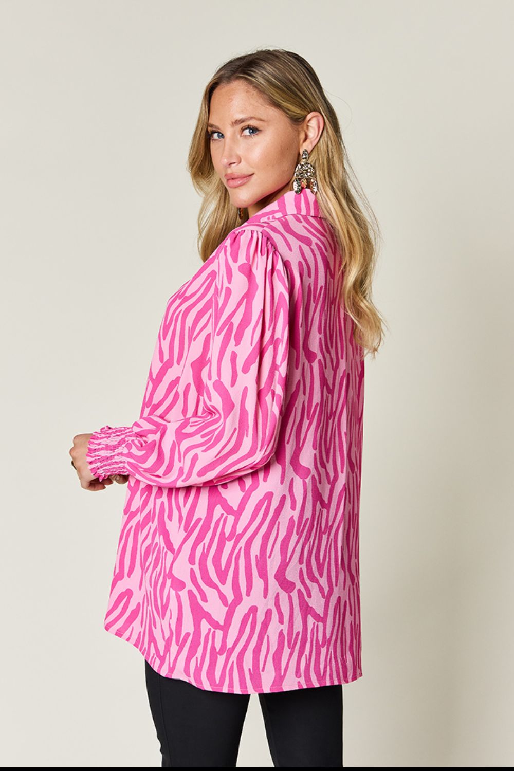 Isaac Double Take Printed Smocked Long Sleeve Blouse