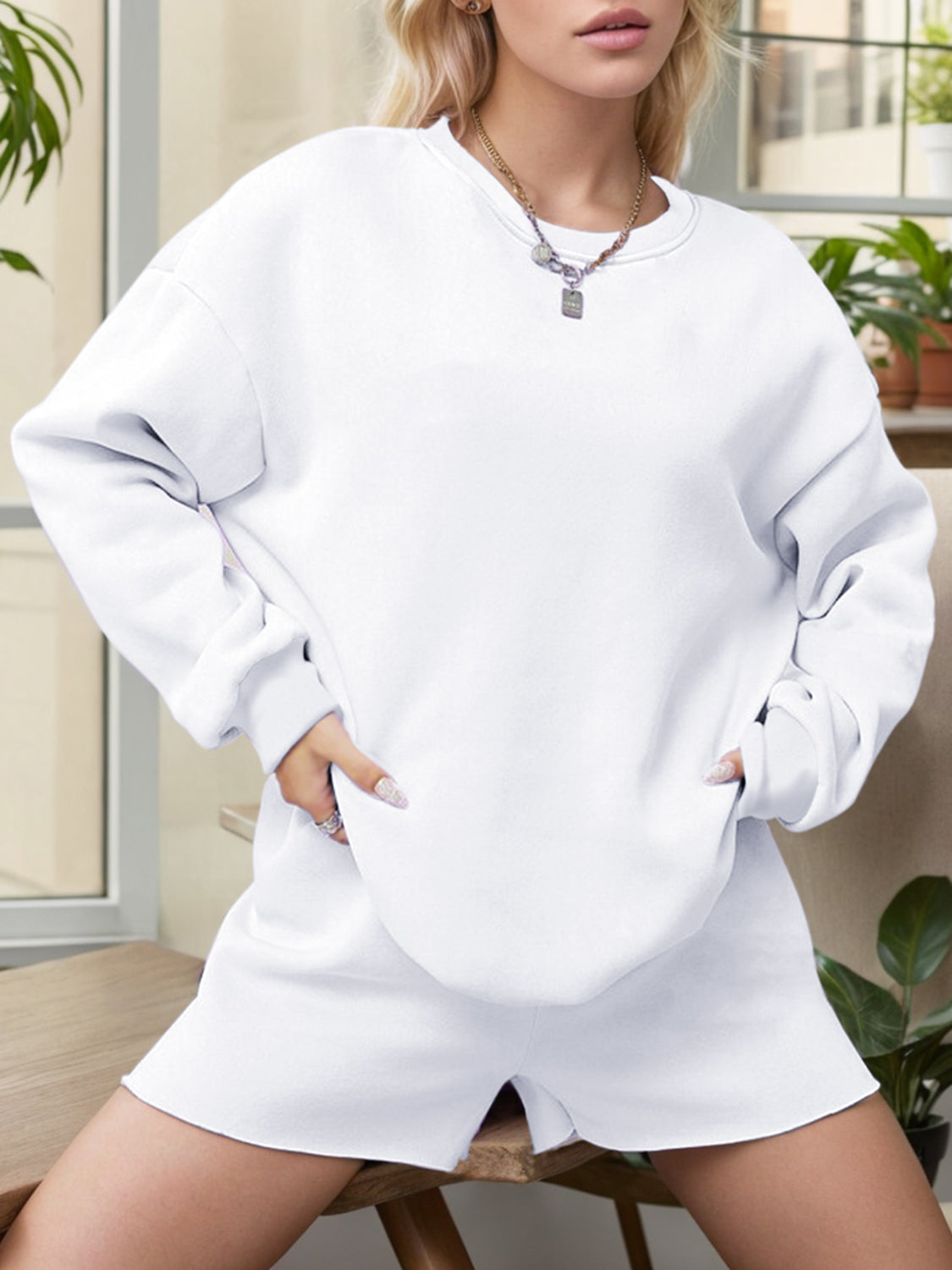 100% Cotton Round Neck Sweatshirt and Shorts Set