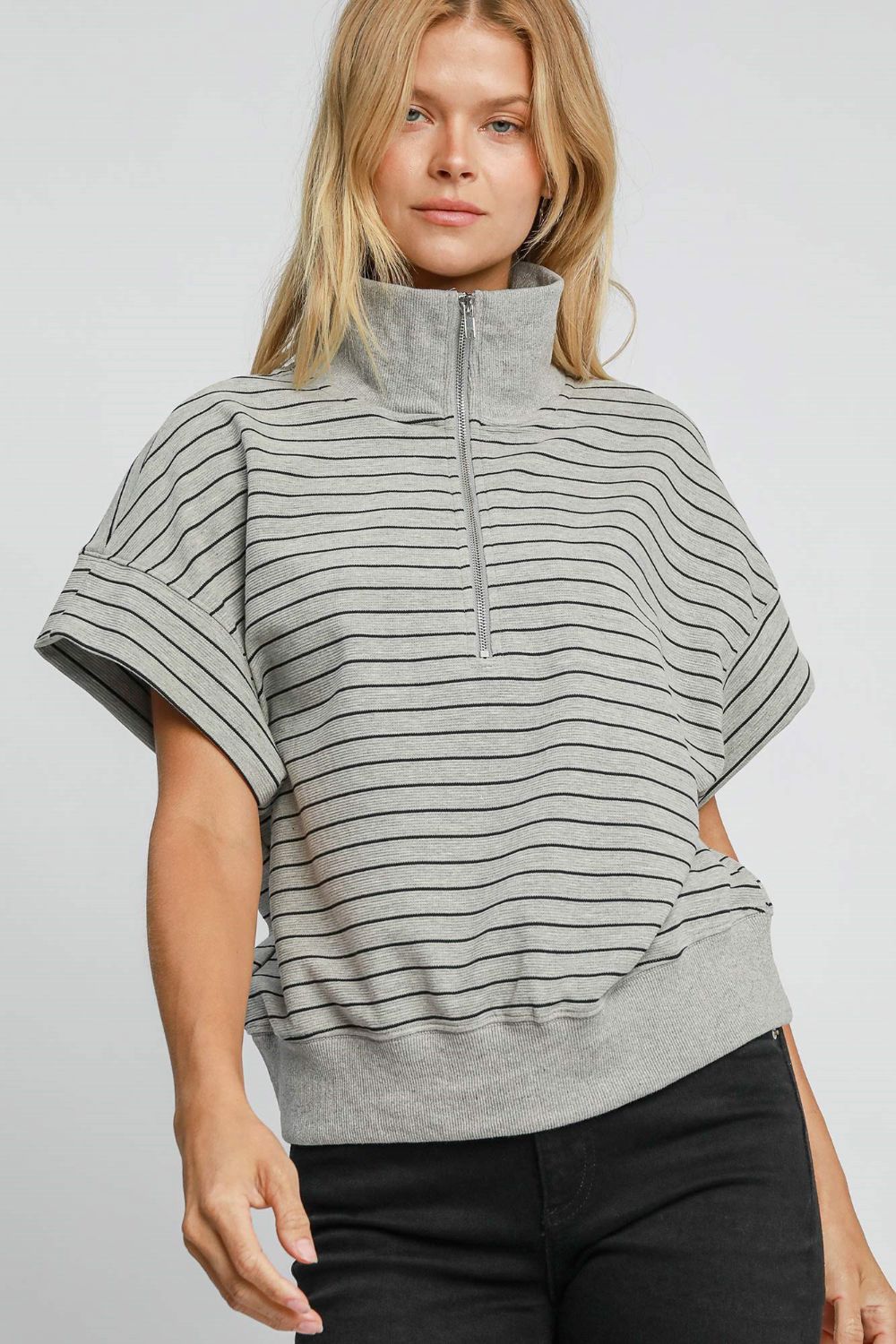 Umgee Striped Half Zip Short Sleeve Top