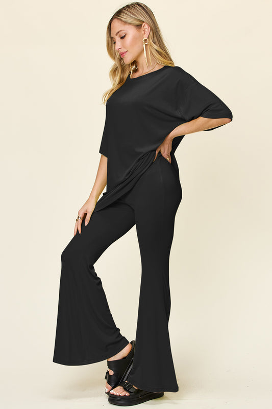 Double Take Drop Shoulder T-Shirt and Flare Pants Set