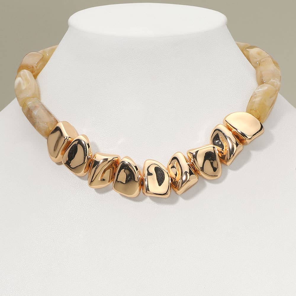 Chunky Polished Metal Marbled Resin Pebble Beaded Statement Necklace