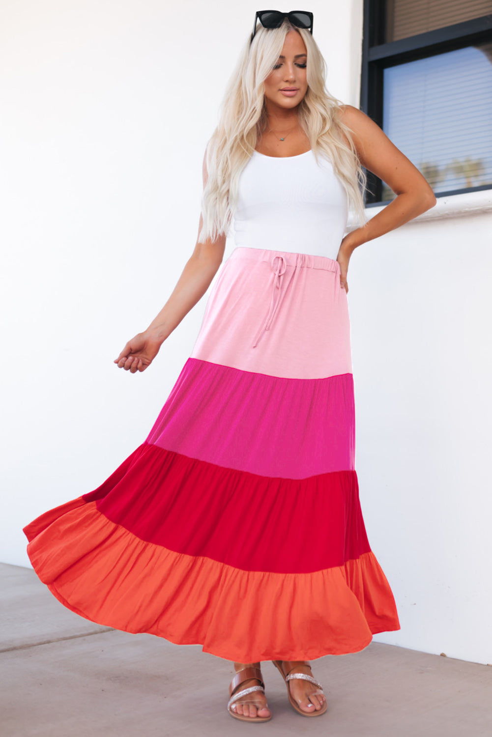 Sunset Beach Color Block Tiered Maxi Skirt