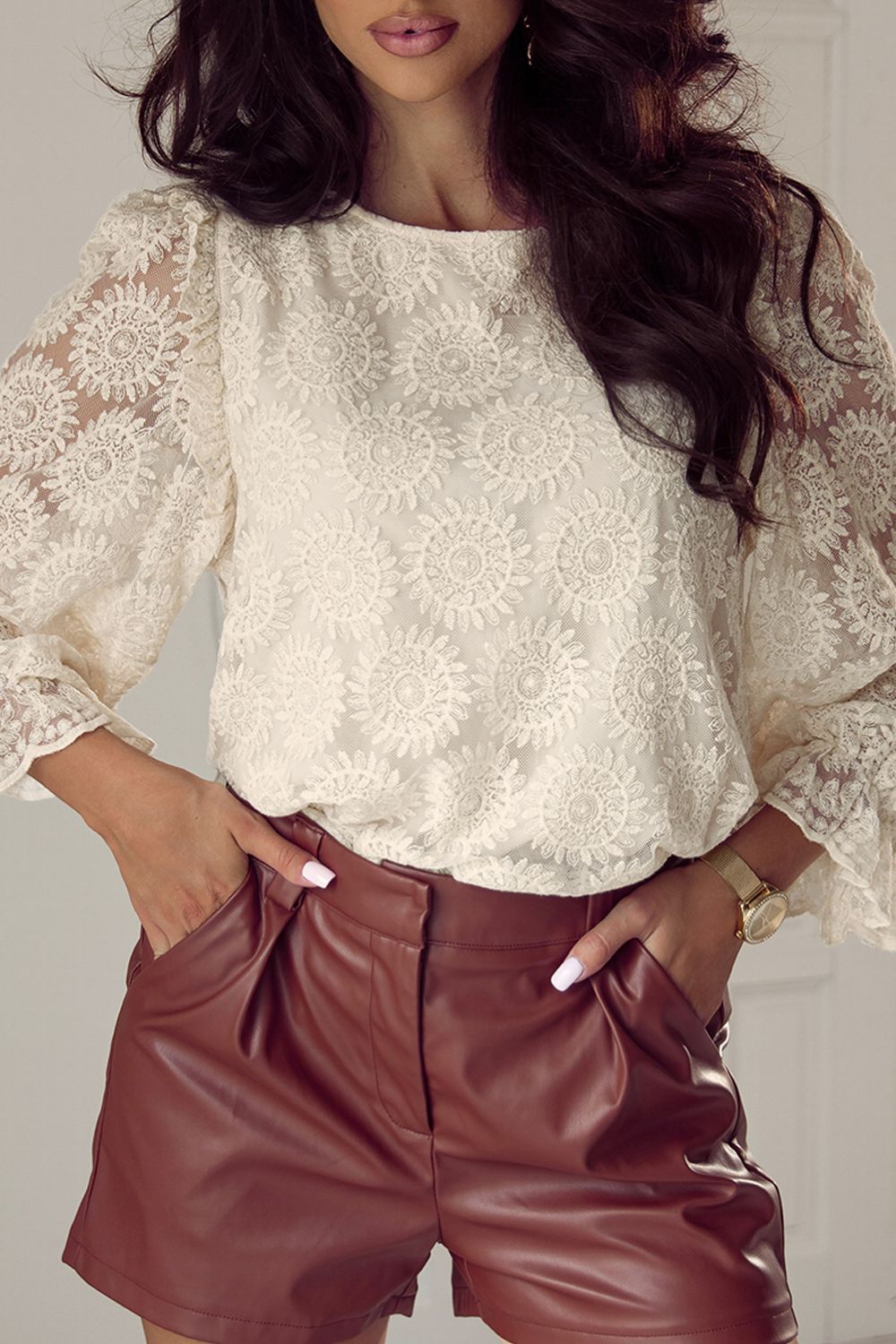 Flower Jacquard Flounce Sleeve Top