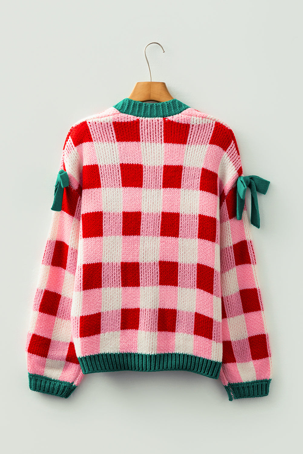 Plaid Bow Open Front Sweater Knit Cardigan