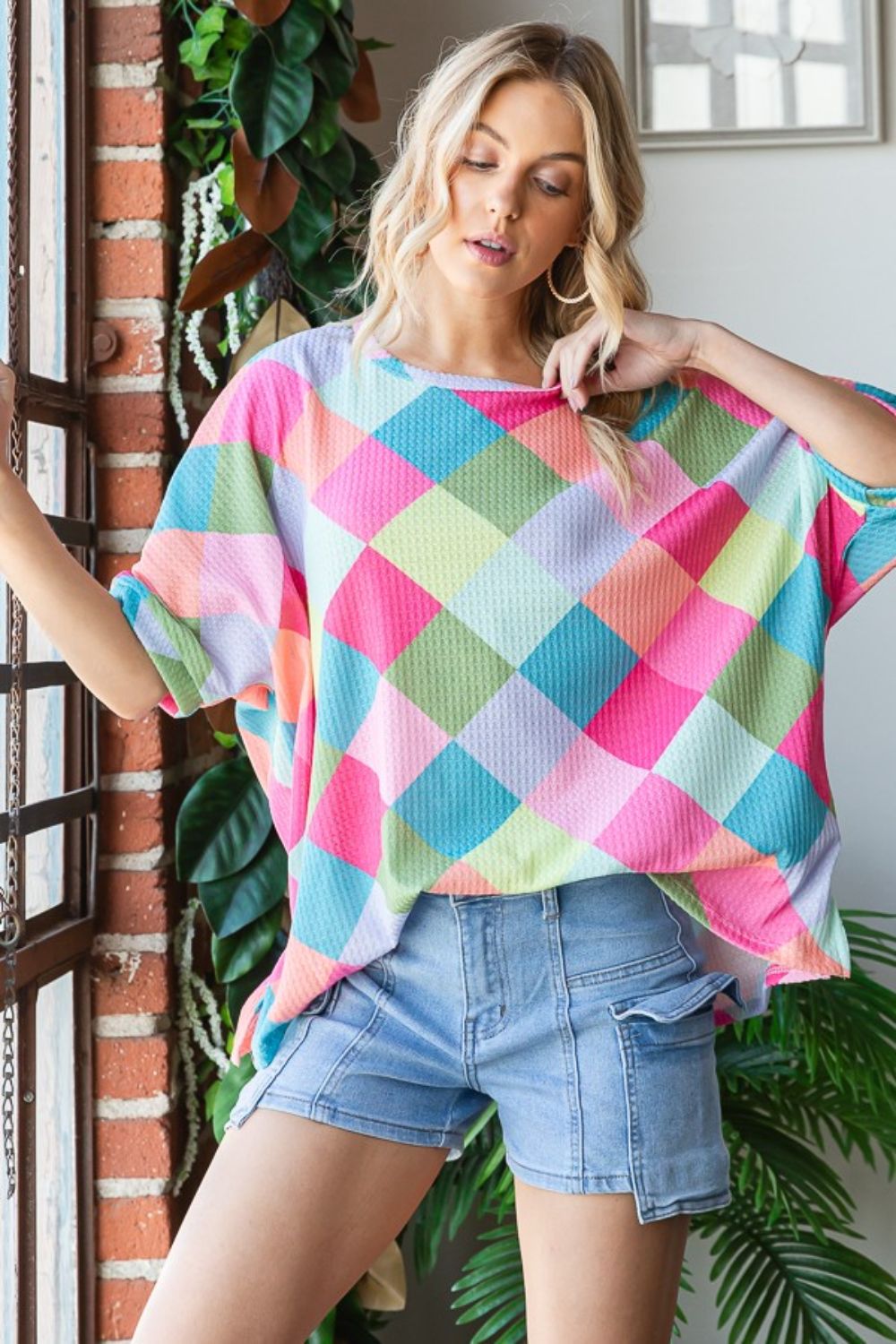 Hope Color Block Waffle Oversized Top
