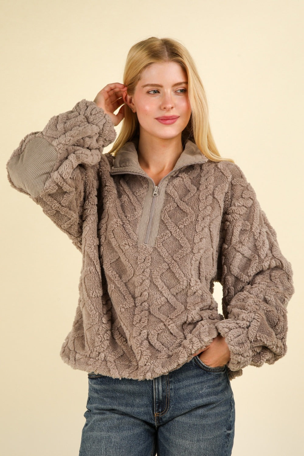 VERY J Fuzzy Fleece Half Zip Cable Knit Pullover