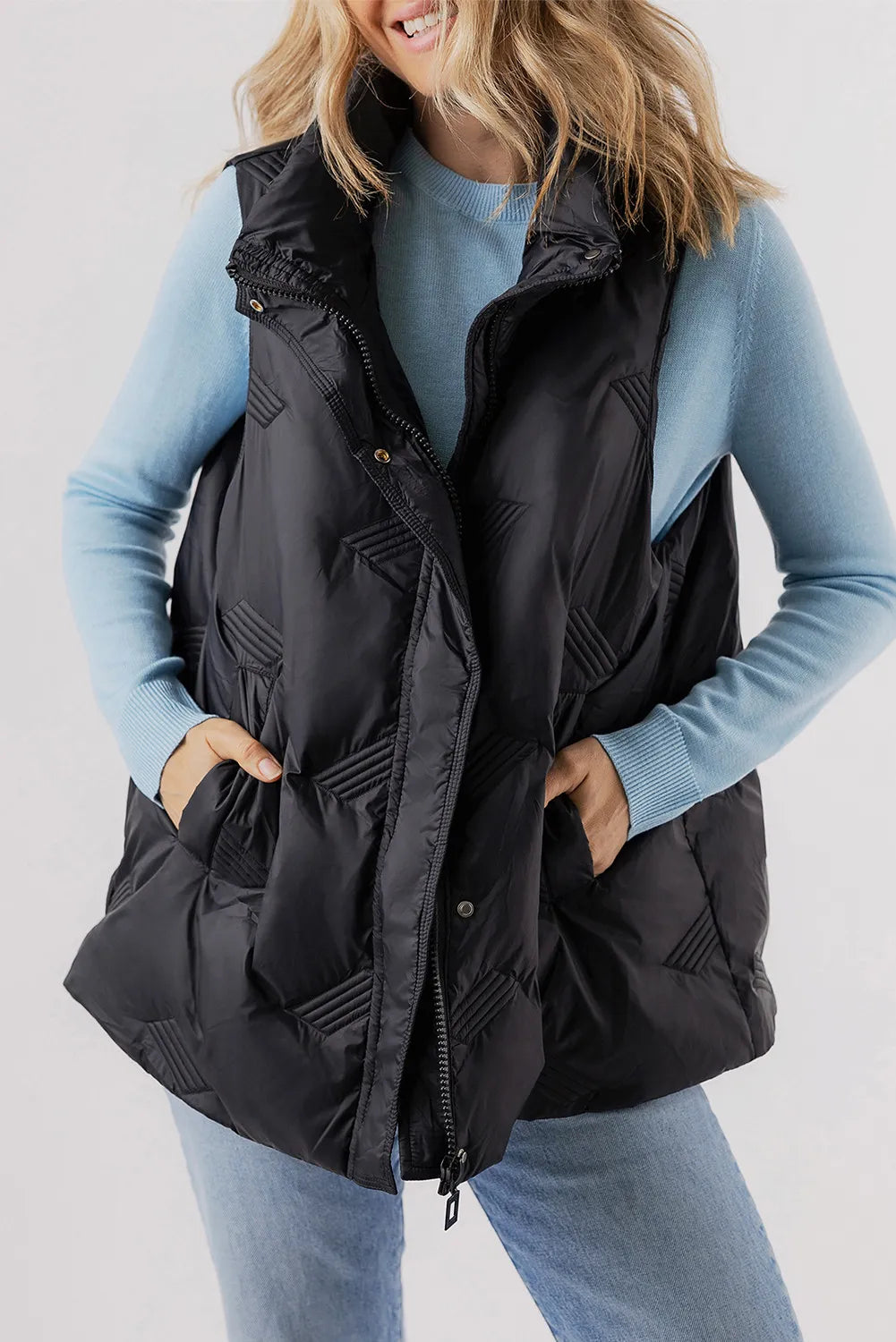 Fan Favorite Pocketed Textured Zip Up Vest Coat