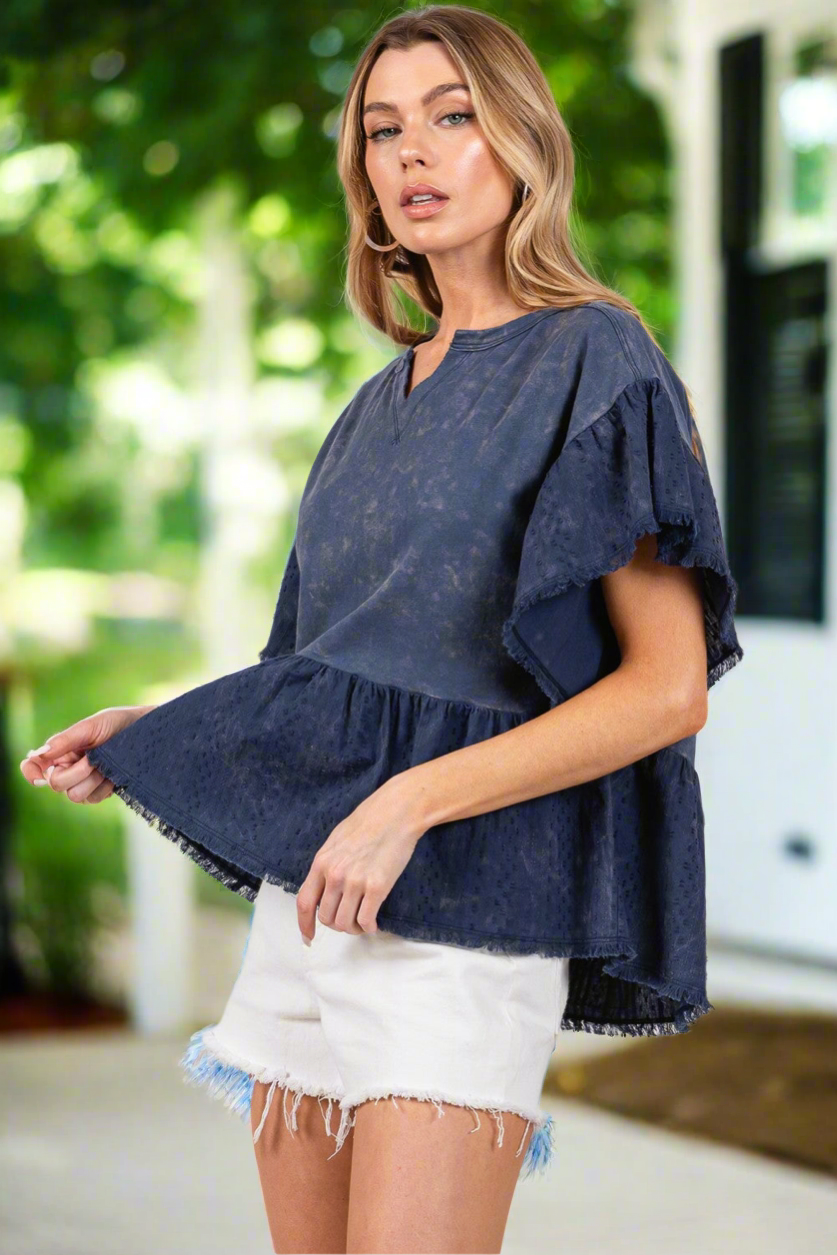 SAGE + FIG Ruffle Sleeve Washed Short Sleeve Top