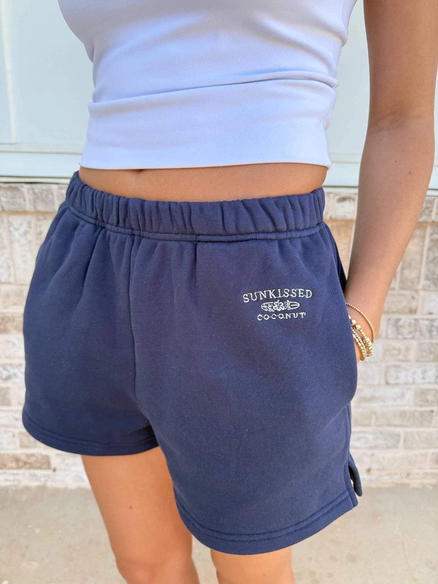 Navy Blue Embroidered Sweat Shorts 100% Cotton