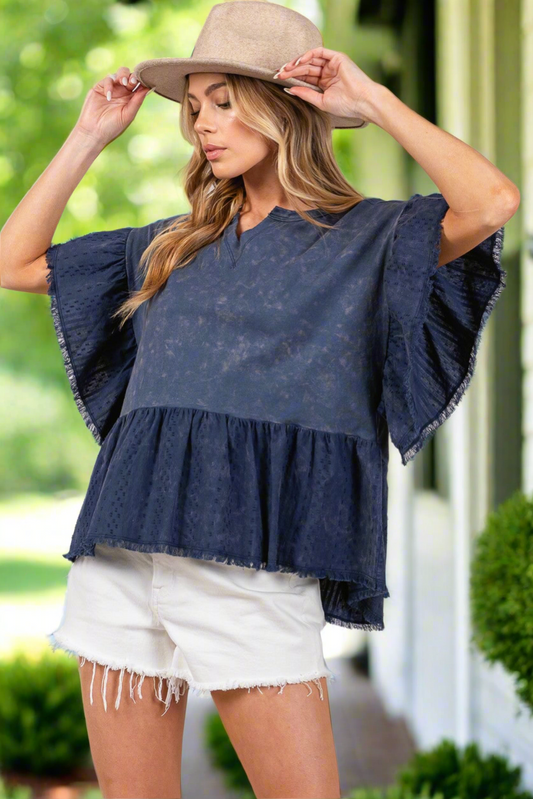 SAGE + FIG Ruffle Sleeve Washed Short Sleeve Top
