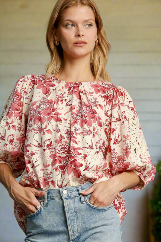 Umgee Floral Pleated Lace Top