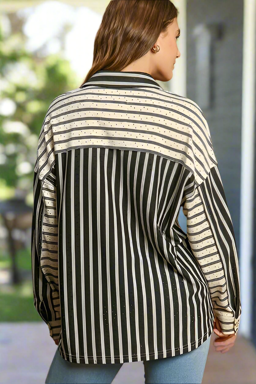Umgee Pointelle Striped Collared Top
