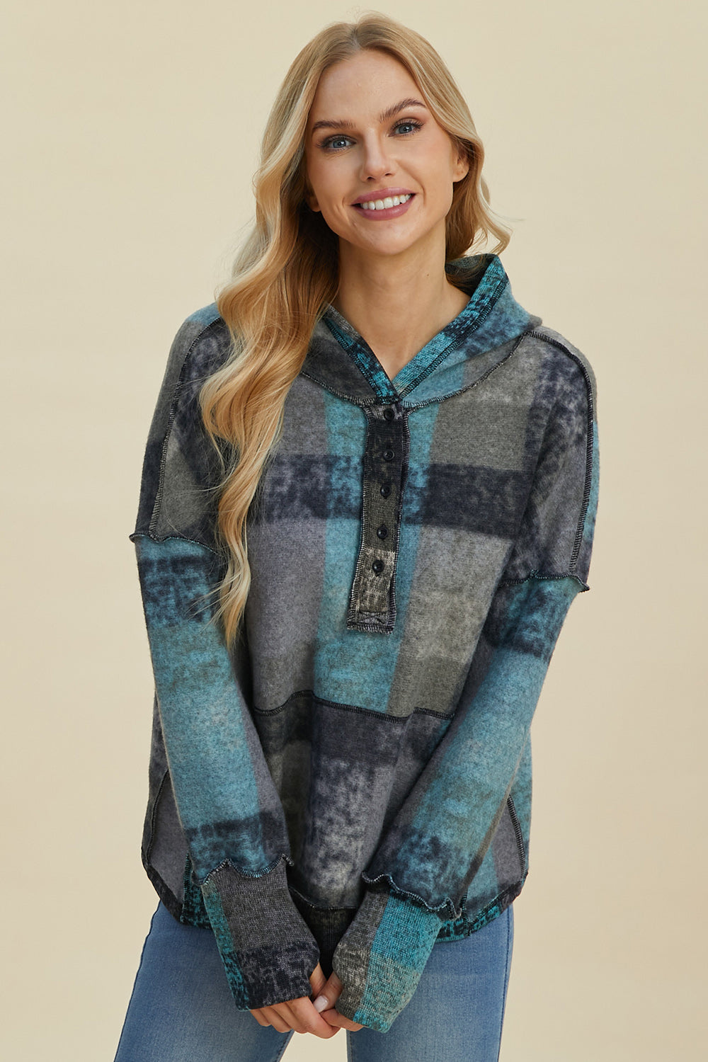 Double Take Playing In Plaid Fleece Hoodie