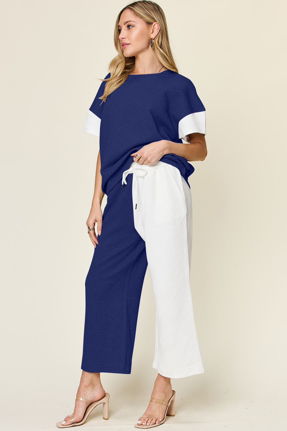 Double Take Texture Wide Leg Pants Set