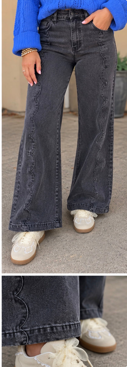 Comfort Stretch Scalloped Embroidery Wide Leg Denim Jean