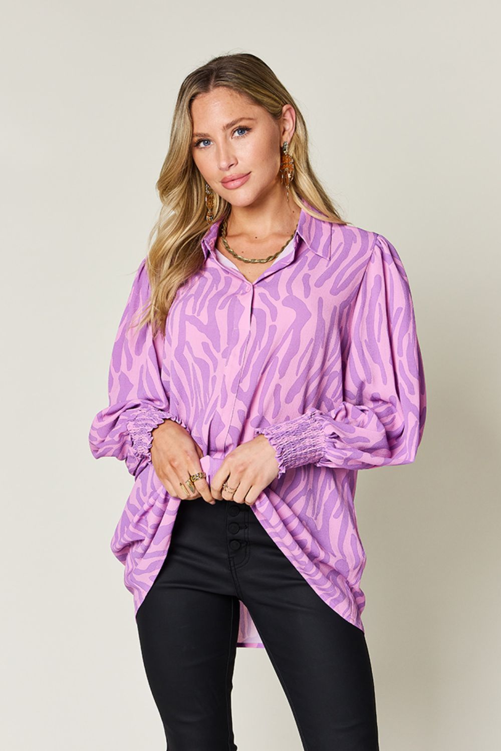 Isaac Double Take Printed Smocked Long Sleeve Blouse