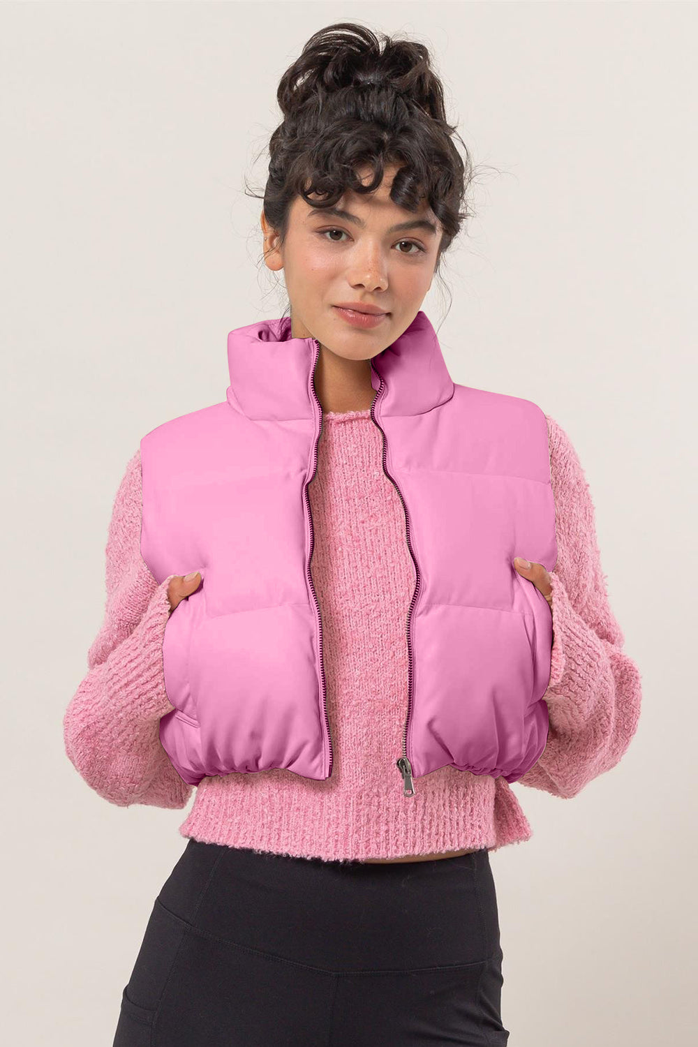 HYFVE Pink Leather Cropped Puffer Vest