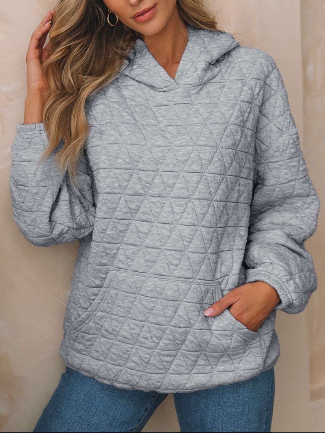 Textured Long Sleeve Hoodie with Pockets