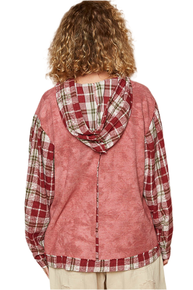 POL Star Patch Plaid Long Sleeve Hooded Top