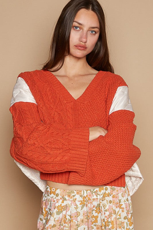 POL Cable Knit Red Wave Contrast Sweater