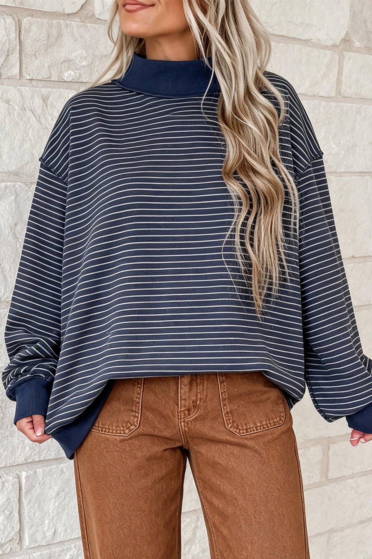 Expect The Best Ribbed Mock Neck Oversized Sweatshirt Top