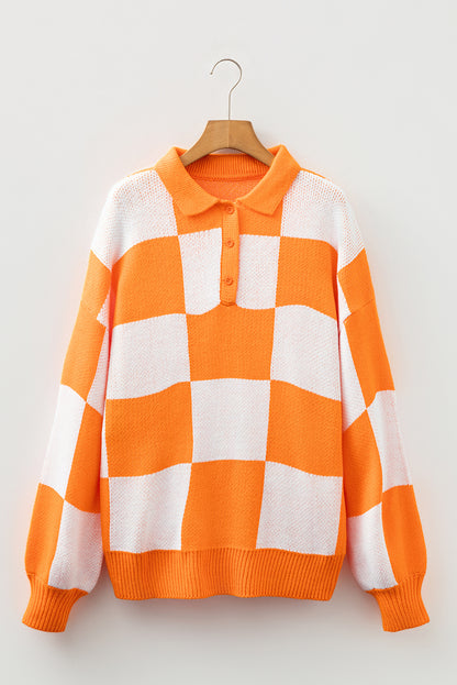 Light French Beige Checkered Pattern Polo Collar Loose Sweater