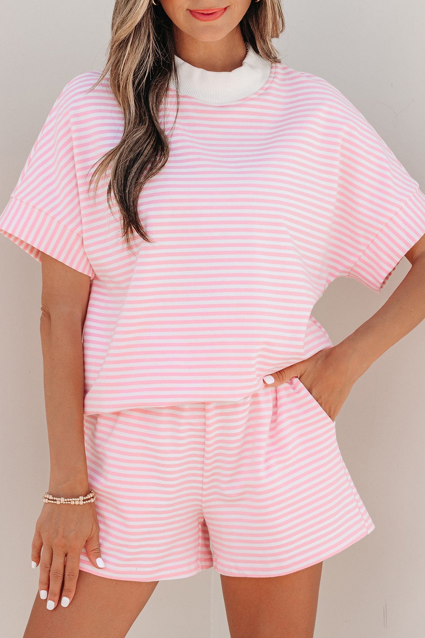 Stripe Contrast Mock Neck Tee & Shorts Set