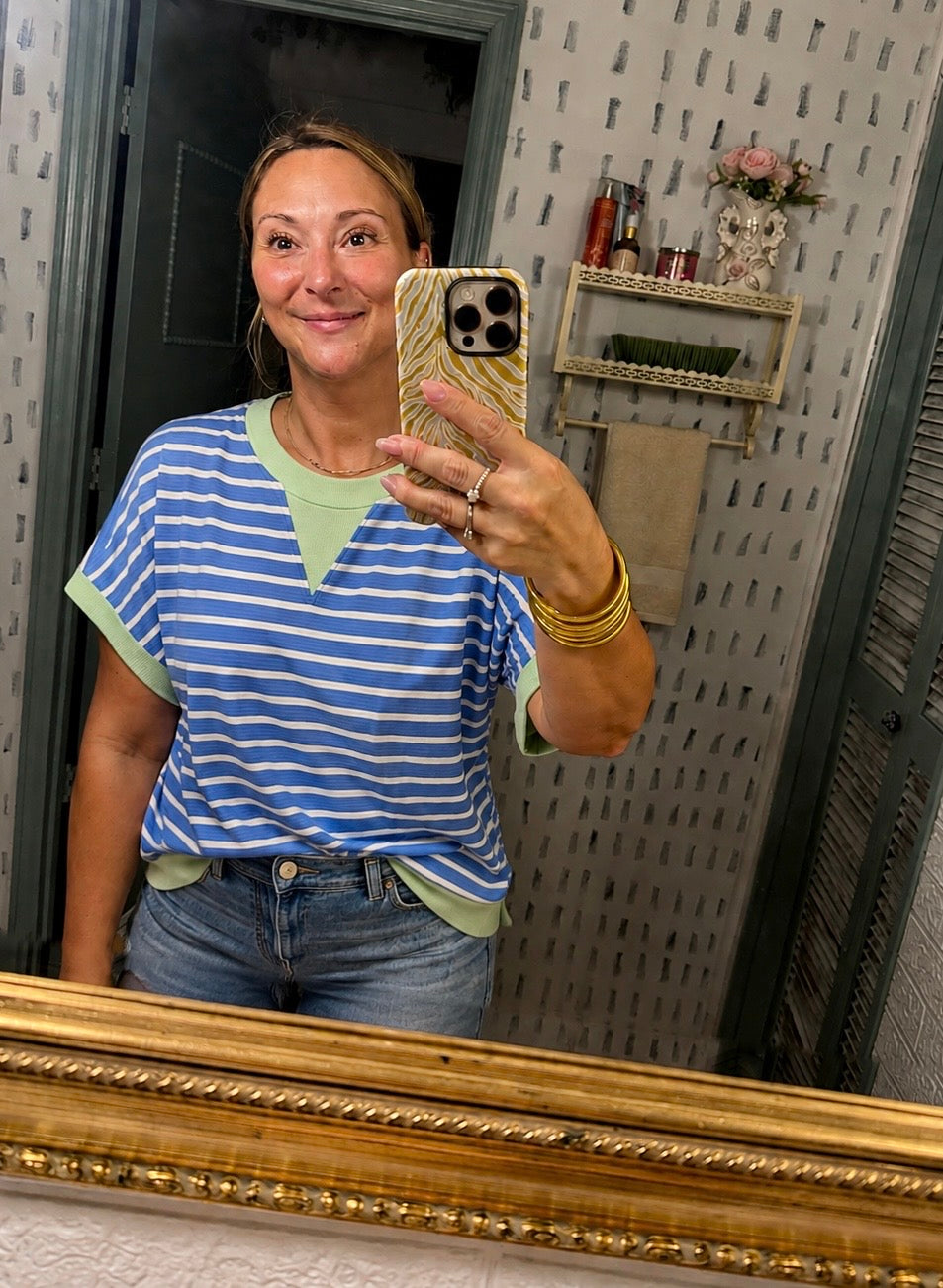 Sky Blue Stripe Contrast Trim Loose Short Sleeve Top