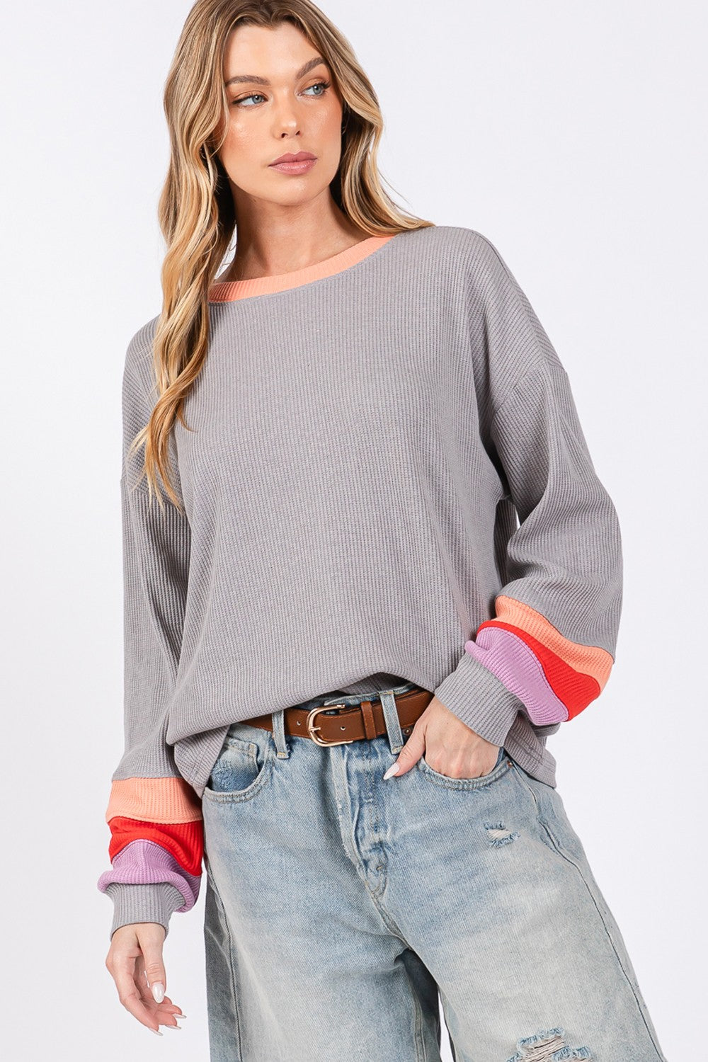 SAGE + FIG Color Block Waffle Knit Top